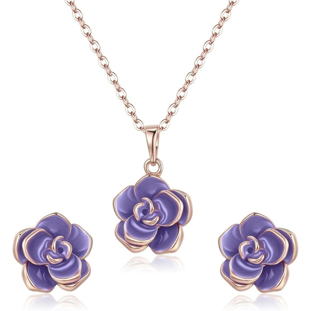 〽️Women Purple Rose Flower Classic Necklace Earrings Gold Plated Jewelry Set